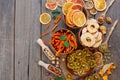 Top view of dried fruit chips, candied pumpkin slices, nuts and seeds Royalty Free Stock Photo