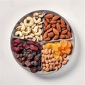 Top view on dried fruits and nuts on white round plate. Cashew nuts, raisins, cranberry, almond and apricots on portion