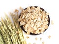 Above of dried oatmeal, rolled oats in wooden bowl with dry grains and ear of rice isolated on white background Royalty Free Stock Photo