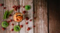 Top view, Dried orange in a glass with dried kiwi slices, strawberry for  blurred background. Selective focus Royalty Free Stock Photo