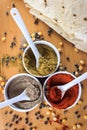 Top view of spices with yufka bread on wooden background Royalty Free Stock Photo