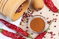 Top view of dried peppercorn mix in the mortar with pestle, dry chili pepper powder for cooking Royalty Free Stock Photo