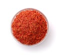 Top view of dried saffron threads in glass cup Royalty Free Stock Photo