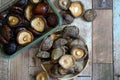 Top view Dried shiitake mushrooms soak in water and on wooden plate Royalty Free Stock Photo