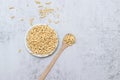 Top view of dried soy bean meat mince on a plate with wooden spoon Royalty Free Stock Photo