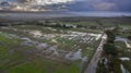 Top view with the drone of flooded fields and river overflowed after a severe storm