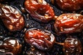 Top view of dry dates on dark background, top view. Ai generated Royalty Free Stock Photo