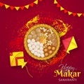 Top View of Dry Fruits as Almond, Cashews and Indian Sweet Laddu in Plate with Kites on Red .