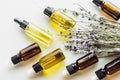 Top view of dry lavender twigs with flowers and bottles with natural oil on white background.