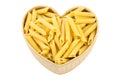 Top view dry pasta penne Italian food in heart shaped bamboo basket isolated white background with clipping path Royalty Free Stock Photo