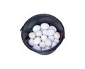 Top view duck eggs in black plastic bucket isolated on white background , clipping path Royalty Free Stock Photo