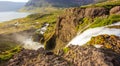 Top View of Dynjandifoss Dynjandi Waterfall, jewels of the Westfjords, Iceland. The biggest waterfall in Westfjords