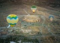 Top view, Early morning balloon tourism activities in sky floating above Amphitheater in Hierapolis, Cotton Castle.