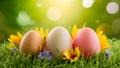 Top view Easter background with eggs, spring flowers, art Royalty Free Stock Photo