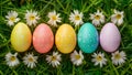 Top view Easter background with eggs, spring flowers, art Royalty Free Stock Photo