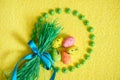 Top view.Easter colored eggs in circle on yellow background. Bright postcard.eggs Easter Frame in circle shape on a yellow Royalty Free Stock Photo