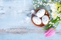 Top view of easter eggs in a nest. Spring flowers and feathers over blue rustic wood background. Royalty Free Stock Photo