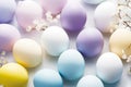 Top view Easter eggs and white gypsophila flowers