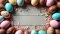 Top view easter frame of eggs and confetti. Happy Easter frame. Sweet eggs in nest with copy space. Border of robin eggs for web Royalty Free Stock Photo