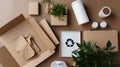 Top view of eco friendly items and paper packaging with recycle sign