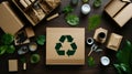 Top view of eco friendly items and paper packaging with recycle sign
