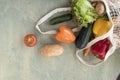 top view of eco friendly natural bag with vegetables. Zero waste concept. Package-free food shopping. Sustainable Royalty Free Stock Photo