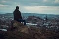 Top view of Edinburgh Castle, town and man Royalty Free Stock Photo