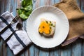 Top view of egg poach on bread in a white plate