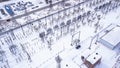 Top view of electric city substation. Action. Electrical substation with transformers distributing high voltage Royalty Free Stock Photo