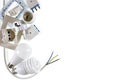 Top view of electrical system components on white background. Royalty Free Stock Photo