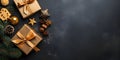 Top view of elegantly arranged gifts, baubles, pinecones, pine branches and Christmas trees on the left.Christmas banner with