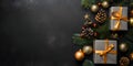 Top view of elegantly arranged gifts, baubles, pinecones, pine branches and Christmas trees on the right.Christmas banner with