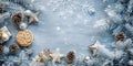 Top view of elegantly arranged gifts, stars, pinecones, pine branches and Christmas trees on the sides