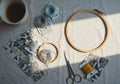 Top view of embroidery tools including hoops Royalty Free Stock Photo