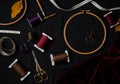 Top view of embroidery tools including hoops Royalty Free Stock Photo