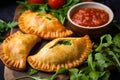 Top view of empanadas with a flaky and golden crust, served on a bed of lettuce and drizzled with spicy salsa