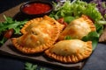 Top view of empanadas with a flaky and golden crust, served on a bed of lettuce and drizzled with spicy salsa