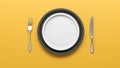 Top view of Empty black and white ceramic plate set on yellow, 3D render Royalty Free Stock Photo