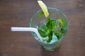 Top view of an empty glass with lime, mint, straw and ice mojito drink on a table Royalty Free Stock Photo