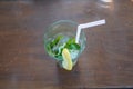 Top view of an empty glass with lime, mint, straw and ice mojito drink on a table Royalty Free Stock Photo