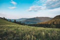 Top view on an empty the hills. Cloudy summer day. Beautiful landscape of Altai mountains with grass and forest. Altai Russia Royalty Free Stock Photo