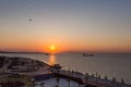 Top view empty Izmir Karantina square at sunset with birds