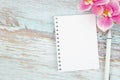 Top view of empty notebook with white pages and bright pink orchid flowers on blue wooden background Royalty Free Stock Photo