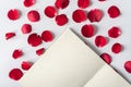 Top of view of empty opened gridded notebook and red rose petals on white background with copy space on the left.. Flat lay of