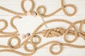 top view of empty paper with seashells on brown nautical knotted ropes on white wooden surface Royalty Free Stock Photo