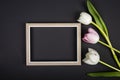 top view of an empty picture frame and white and pink color tulips on black background with copy space Royalty Free Stock Photo