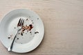 Top view of an empty plate with fork in it.