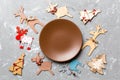 Top view of empty plate and New Year decorations on cement background. New year serving for festive dinner. Reindeer and Christmas Royalty Free Stock Photo