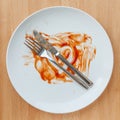 Top view of empty plate, tomato sauce smeared on finished plate.