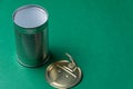 Top view of an empty tin can with ring cover, on green background, to recycle horizontally Royalty Free Stock Photo